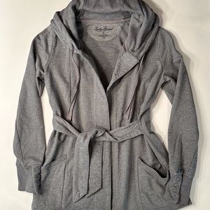Lucky Brand M Open Front Jacket Wrap Tie Belt Sweatshirt Hood French Terry Gray